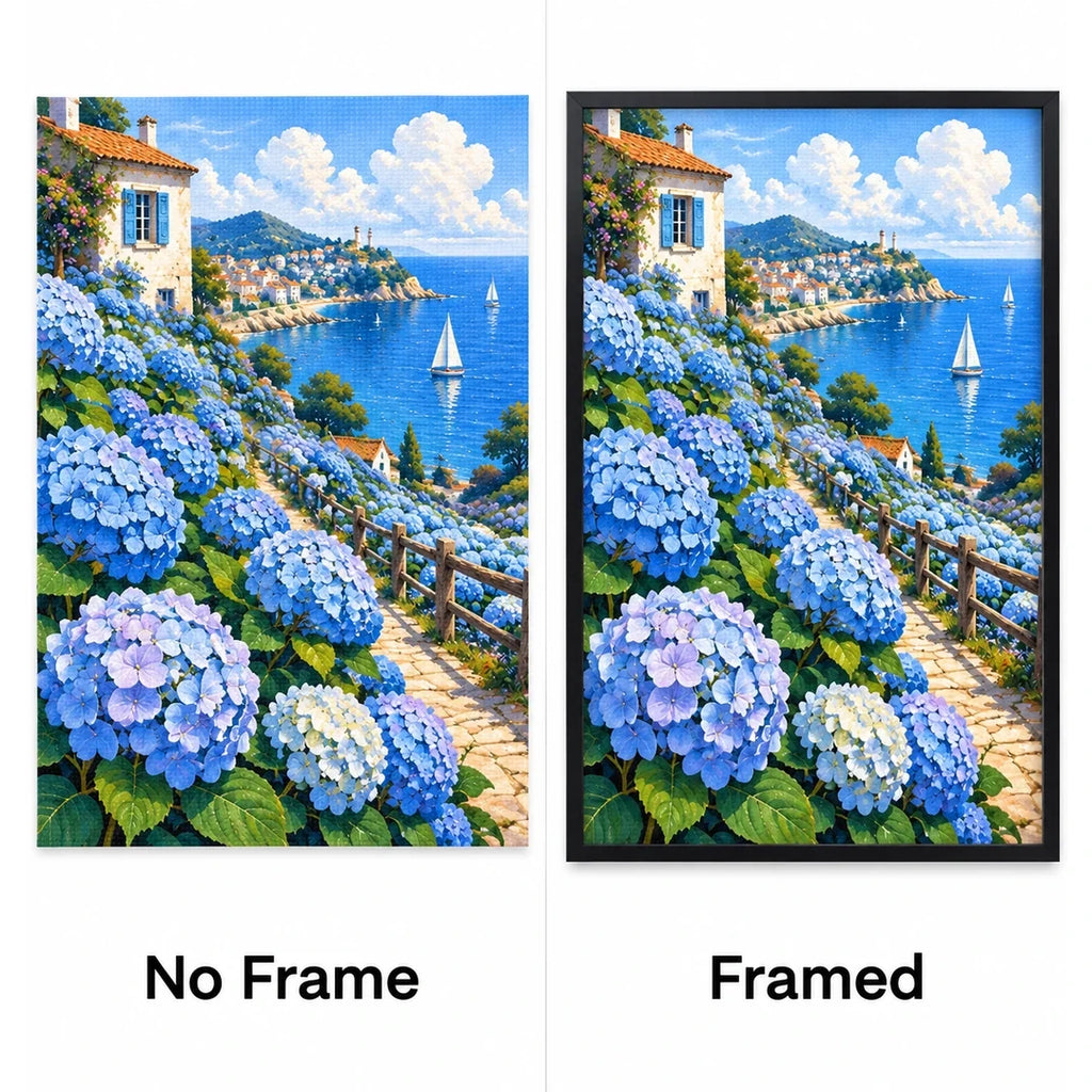 Blue Hydrangea Coastal View Diamond Painting Kit No Frame and Framed comparison