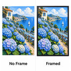 Blue Hydrangea Coastal View Diamond Painting Kit No Frame and Framed comparison