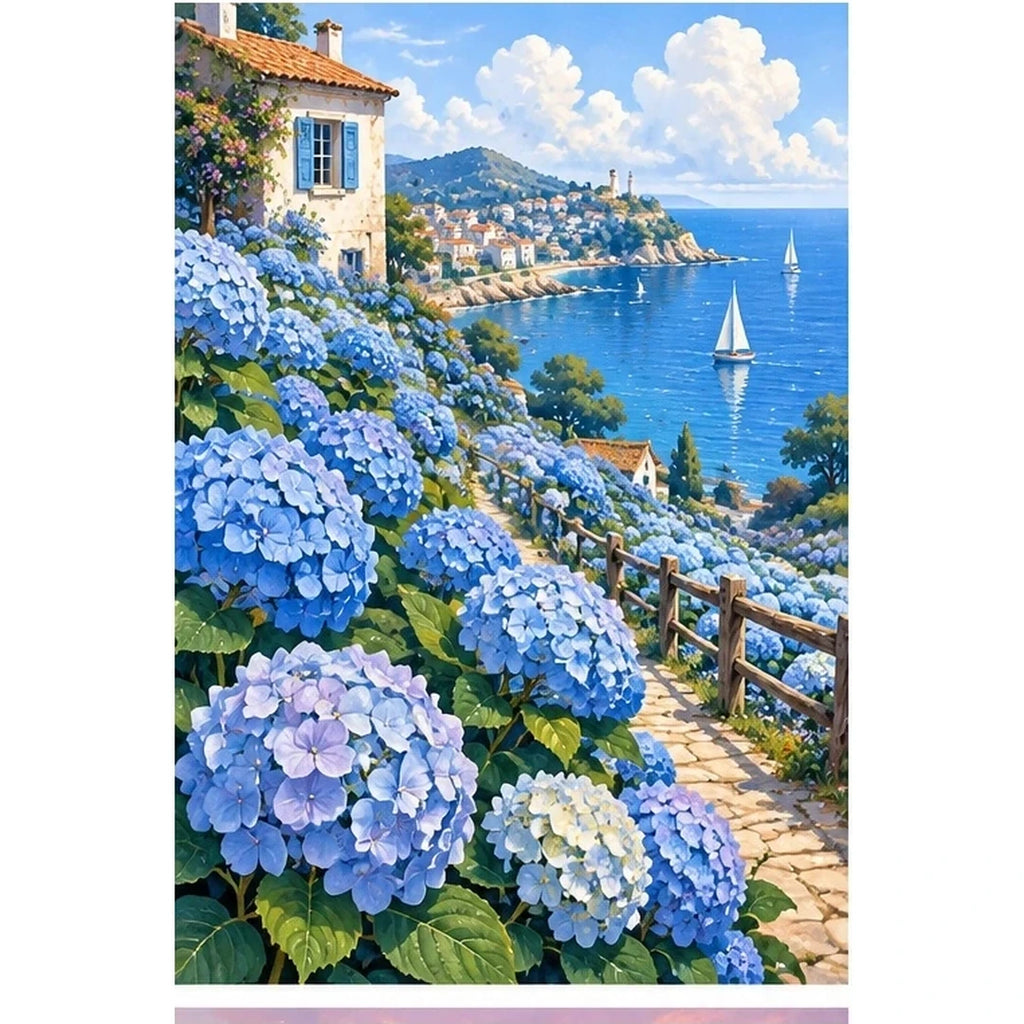 Blue Hydrangea Coastal View original artwork on white background