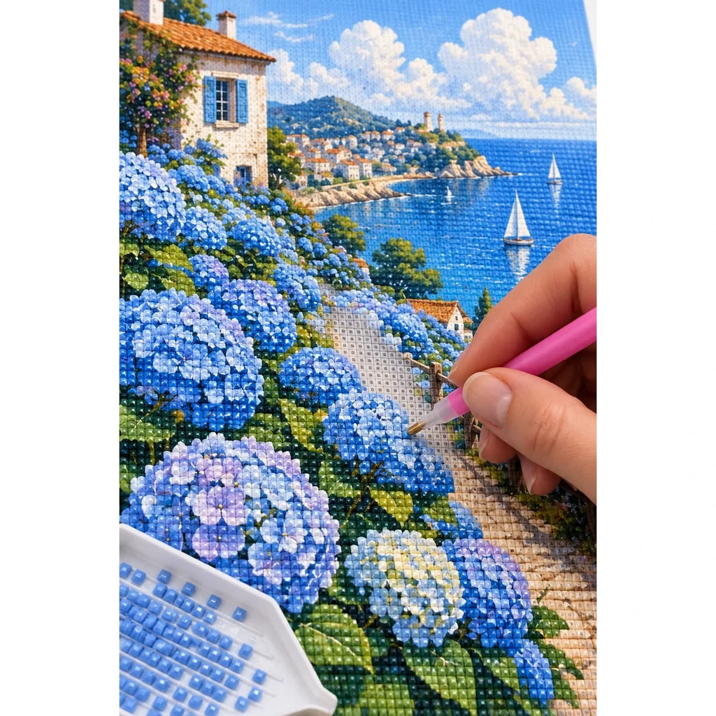 Blue Hydrangea Coastal View Diamond Painting Kit diamond placement process