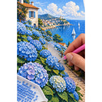 Blue Hydrangea Coastal View Diamond Painting Kit diamond placement process