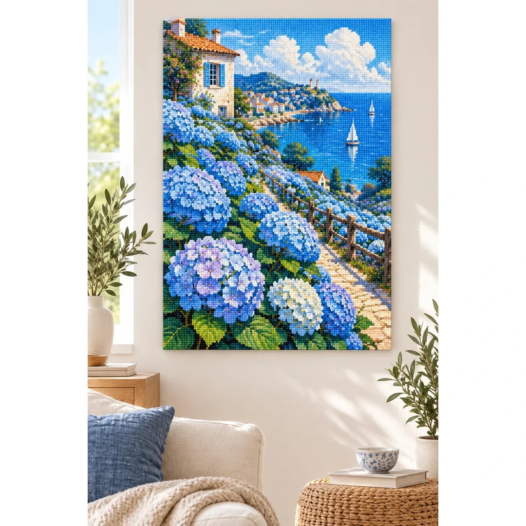 Blue Hydrangea Coastal View Diamond Painting Kit home decor scene