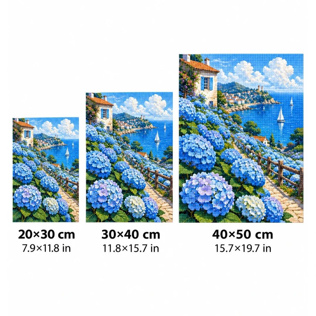 Blue Hydrangea Coastal View Diamond Painting Kit size guide