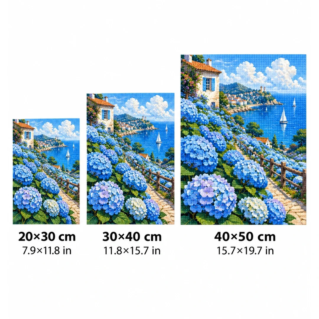 Blue Hydrangea Coastal View Diamond Painting Kit size guide