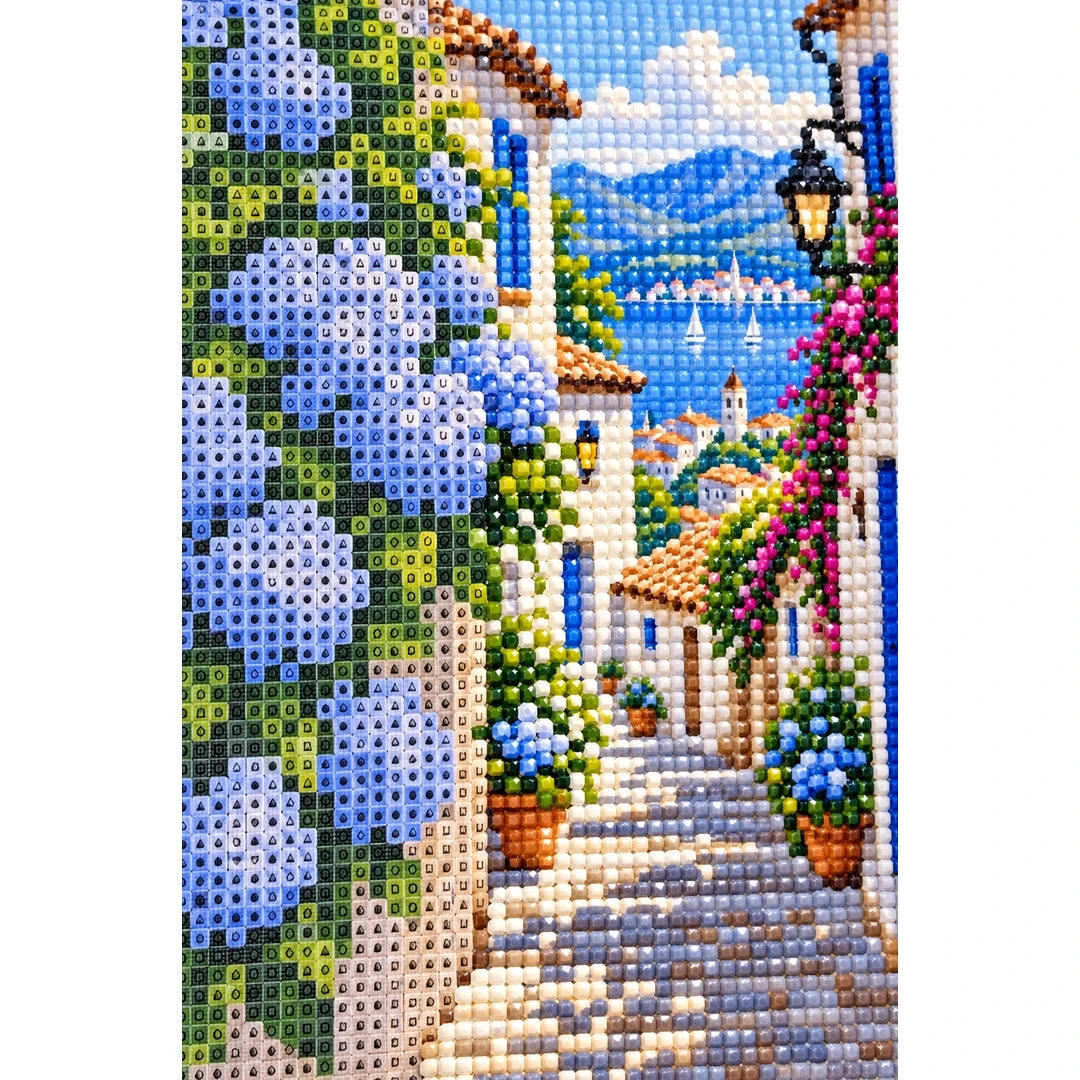 Blue Hydrangea Village Diamond Painting Kit diamond and canvas detail
