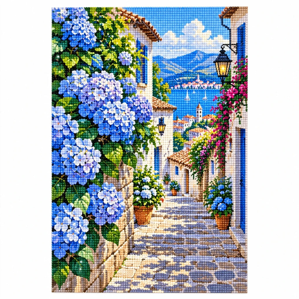 Blue Hydrangea Village Diamond Painting Kit finished diamond artwork on white background