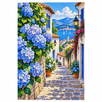 Blue Hydrangea Village Diamond Painting Kit finished diamond artwork on white background