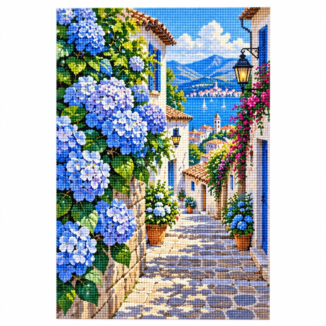 Blue Hydrangea Village Diamond Painting Kit finished diamond artwork on white background