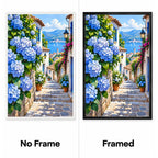Blue Hydrangea Village Diamond Painting Kit No Frame and Framed comparison