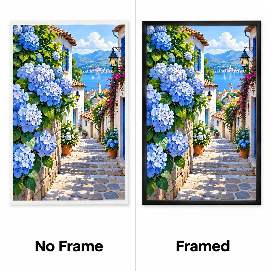 Blue Hydrangea Village Diamond Painting Kit No Frame and Framed comparison