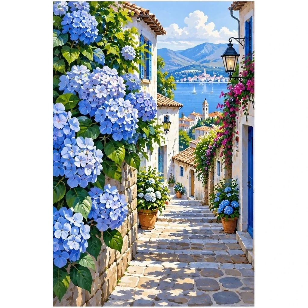 Blue Hydrangea Village original artwork on white background