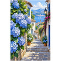Blue Hydrangea Village original artwork on white background