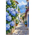 Blue Hydrangea Village original artwork on white background