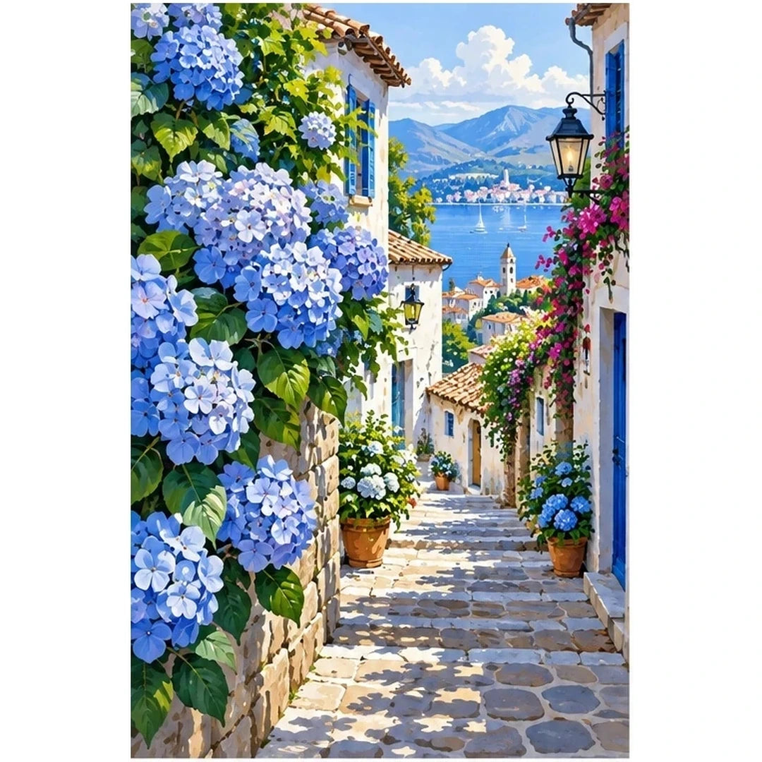 Blue Hydrangea Village original artwork on white background