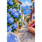 Blue Hydrangea Village Diamond Painting Kit diamond placement process