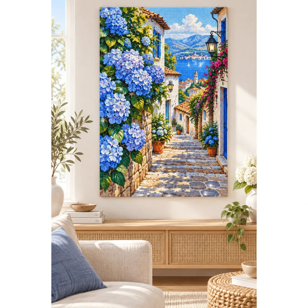 Blue Hydrangea Village Diamond Painting Kit home decor scene