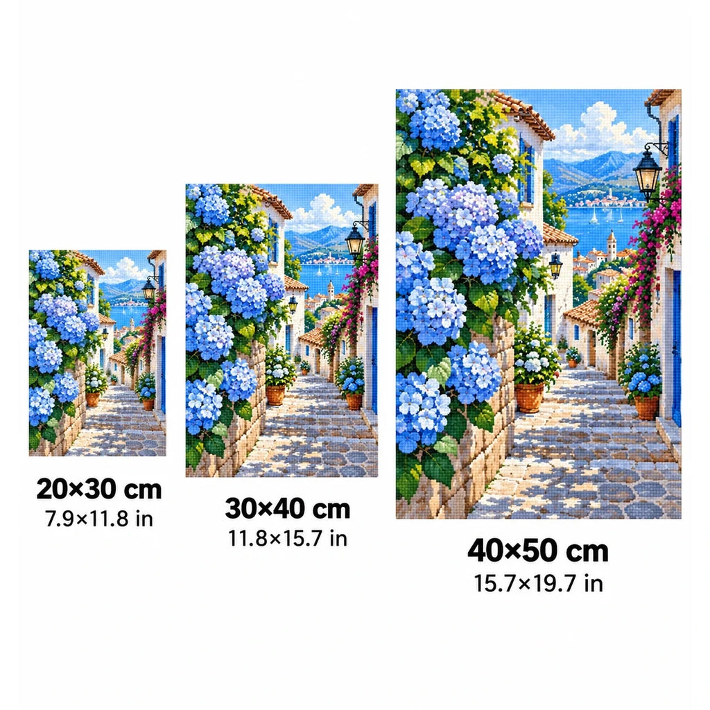 Blue Hydrangea Village Diamond Painting Kit size guide