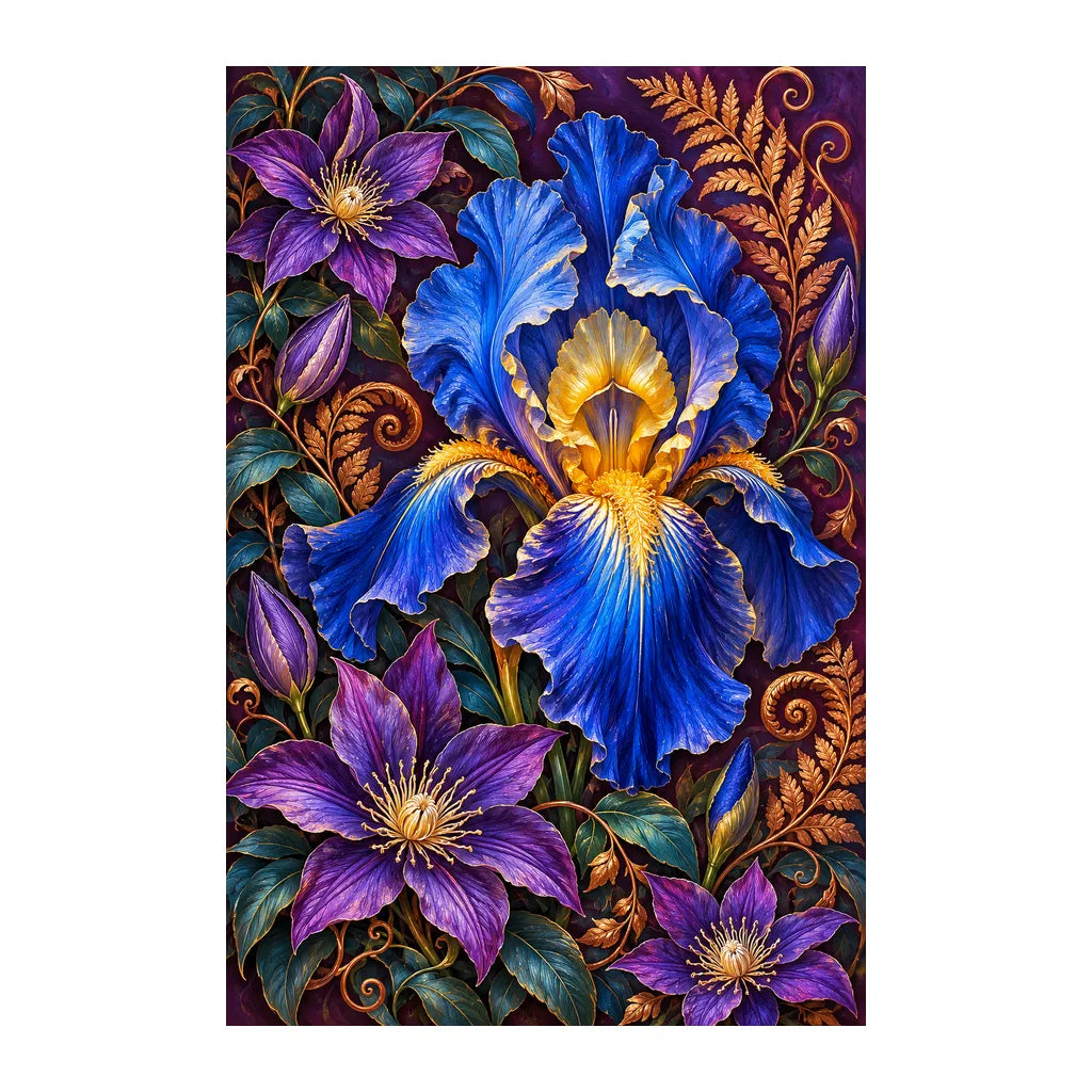Original white-background artwork of Blue Iris Copper Fern Frame