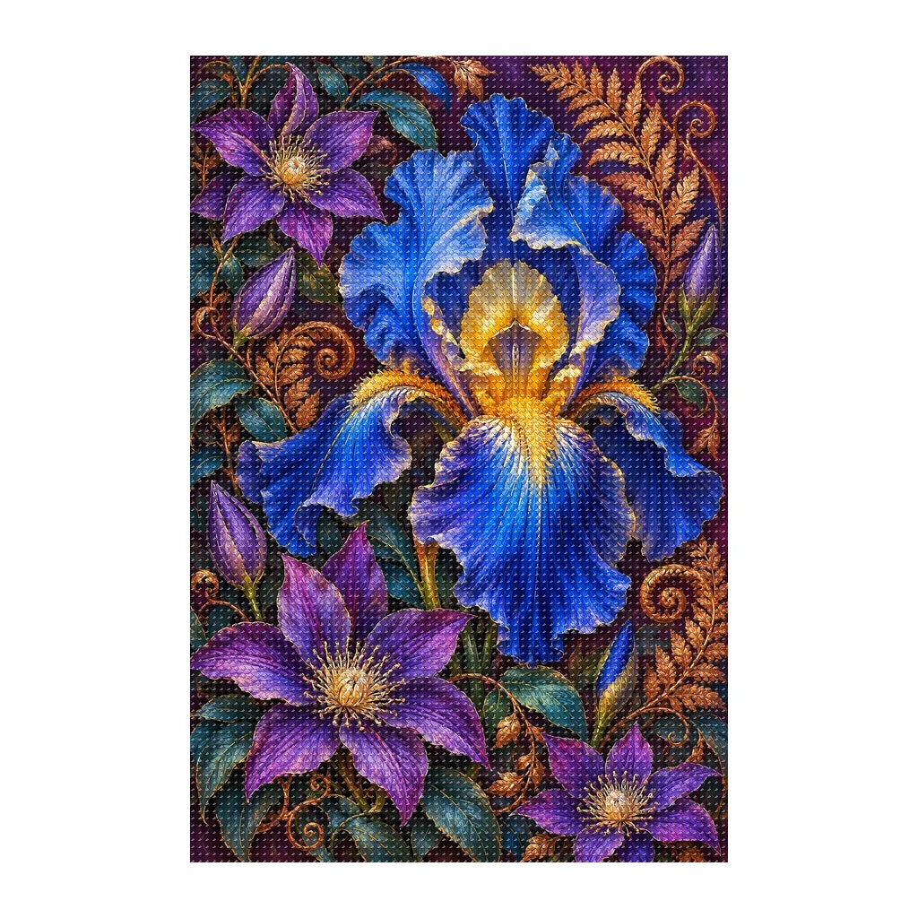 Finished white-background diamond painting of Blue Iris Copper Fern Frame