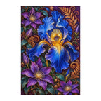 Finished white-background diamond painting of Blue Iris Copper Fern Frame