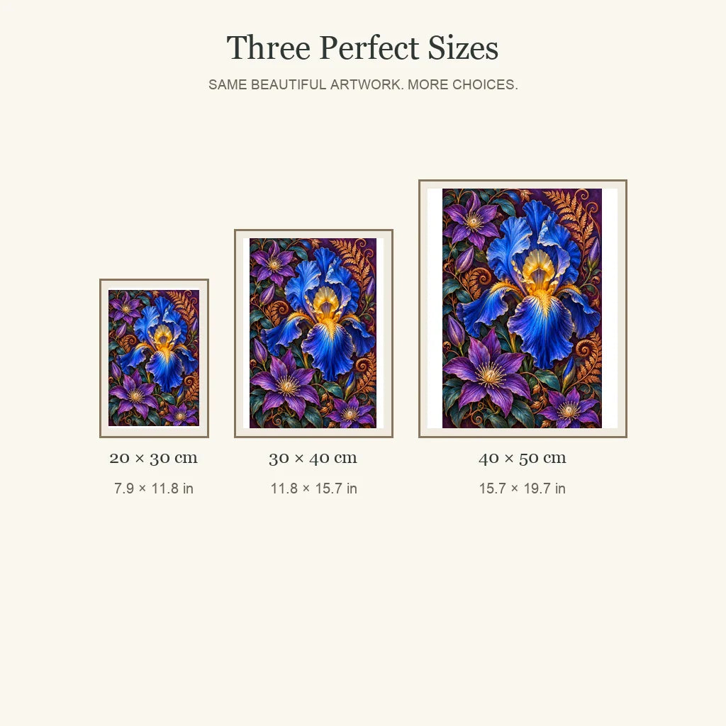 Blue Iris Copper Fern Frame diamond painting in 20 by 30, 30 by 40, and 40 by 50 centimeter sizes