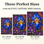 Blue Iris Copper Fern Frame diamond painting in 20 by 30, 30 by 40, and 40 by 50 centimeter sizes