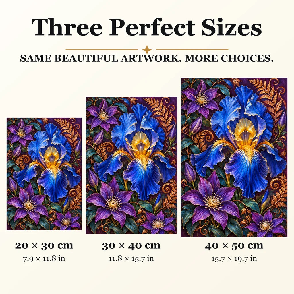 Blue Iris Copper Fern Frame diamond painting in 20 by 30, 30 by 40, and 40 by 50 centimeter sizes