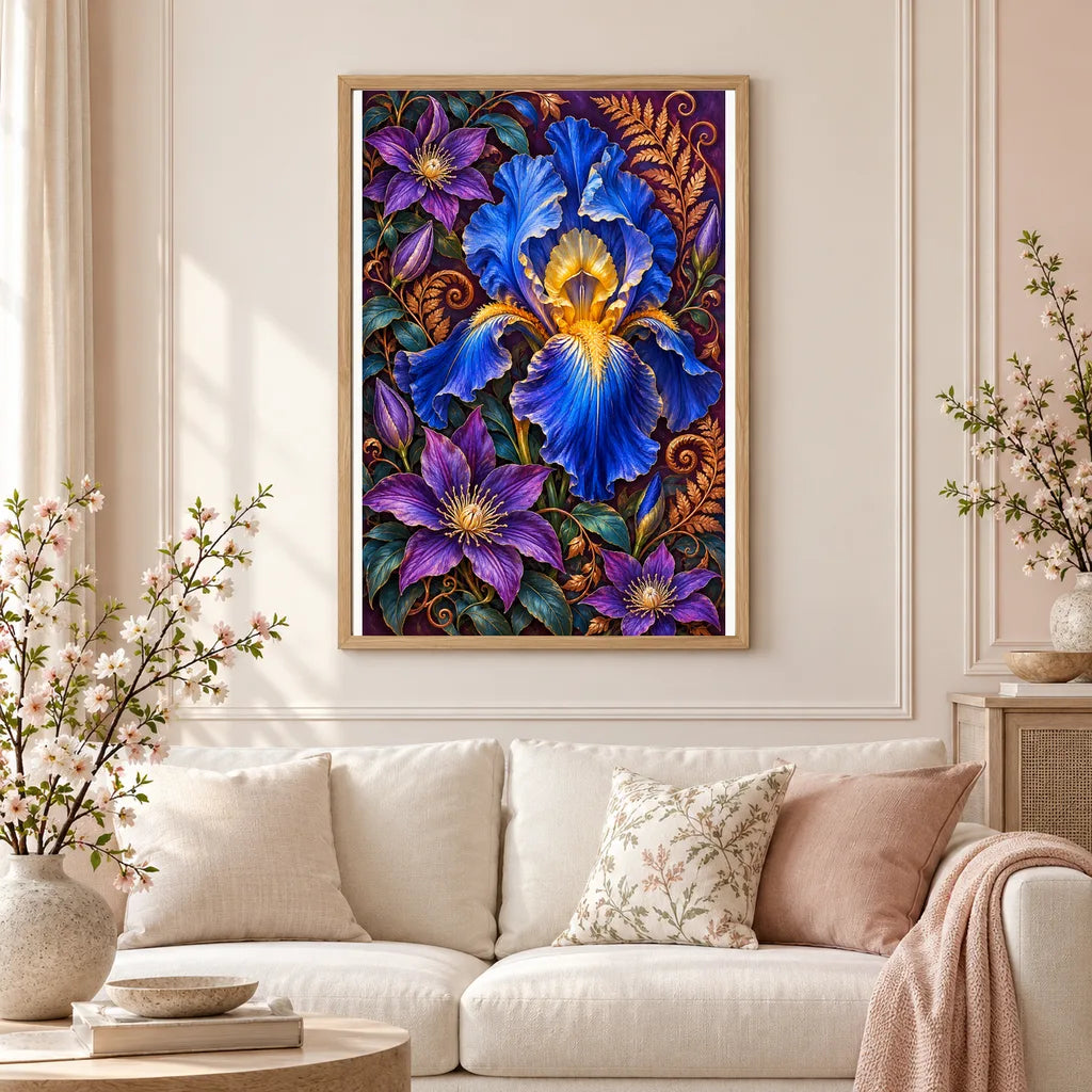 Framed Blue Iris Copper Fern Frame diamond painting displayed in a home interior