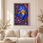 Framed Blue Iris Copper Fern Frame diamond painting displayed in a home interior
