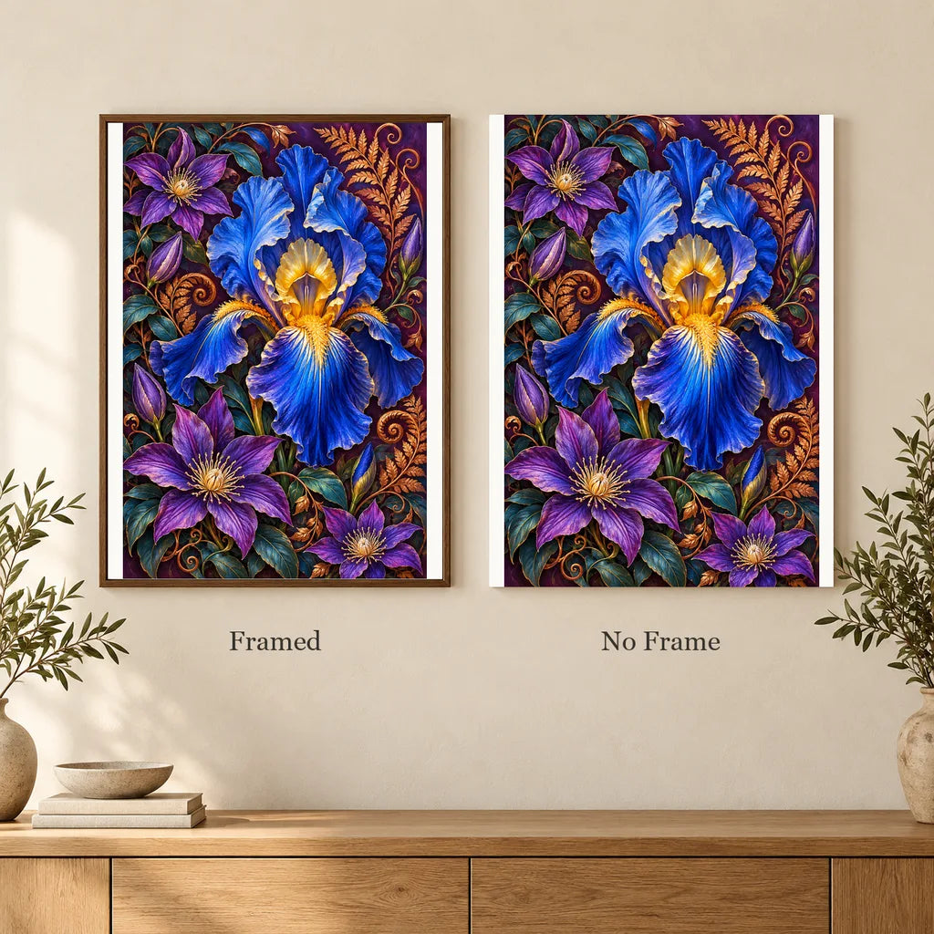Framed and no-frame options for the Blue Iris Copper Fern Frame diamond painting
