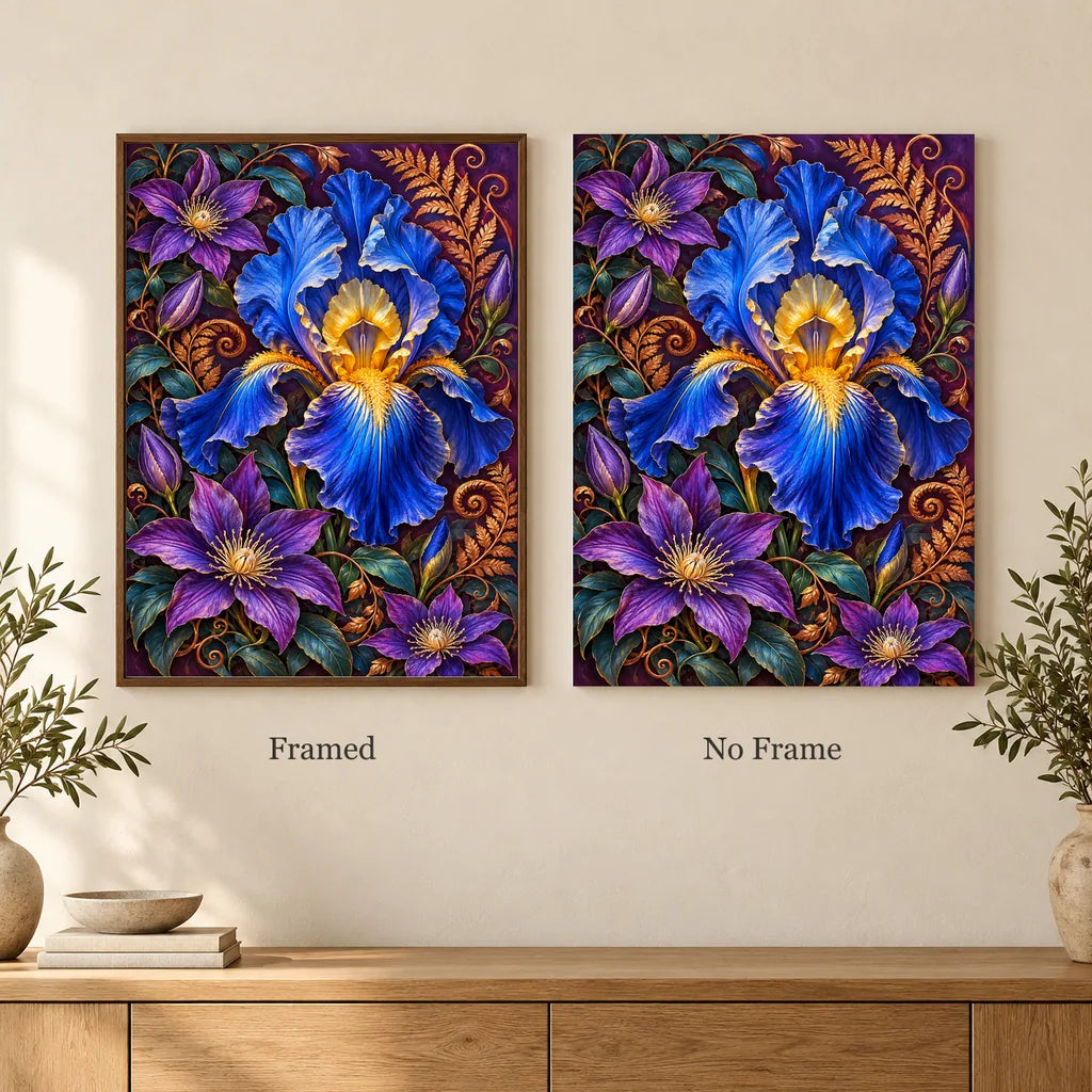 Framed and no-frame options for the Blue Iris Copper Fern Frame diamond painting