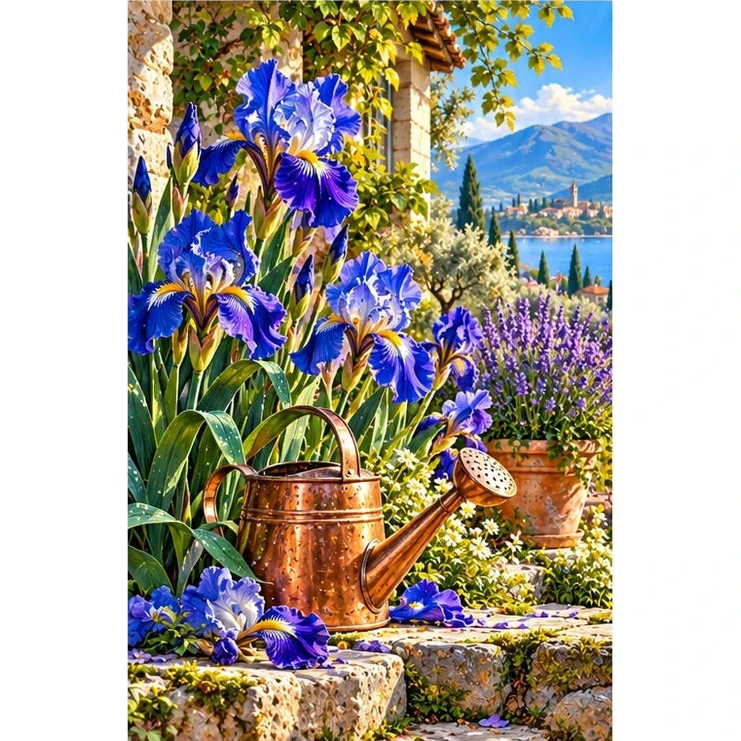 Blue Iris Copper Watering Can — original artwork on a clean white background