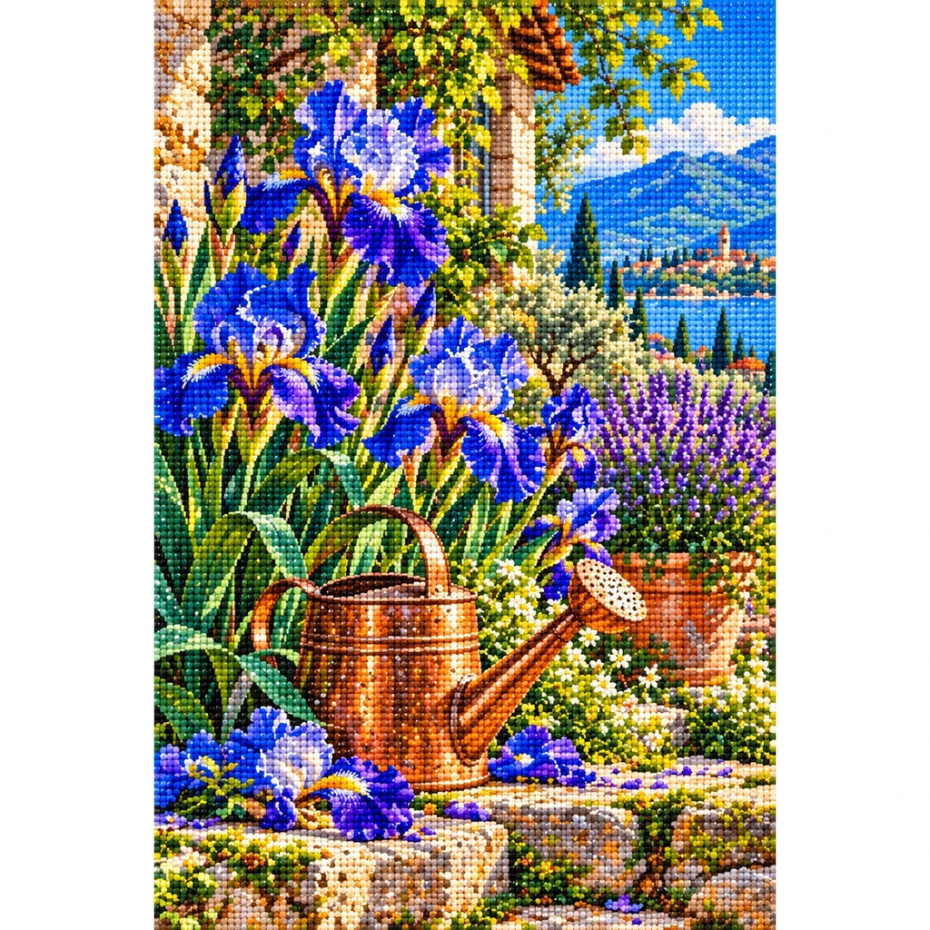 Blue Iris Copper Watering Can — finished diamond painting on a white background