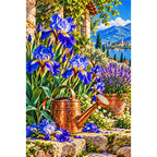 Blue Iris Copper Watering Can — finished diamond painting on a white background