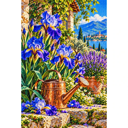 Blue Iris Copper Watering Can — finished diamond painting on a white background