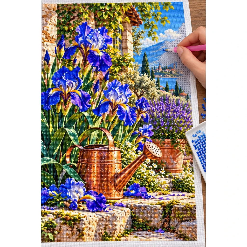 Blue Iris Copper Watering Can — diamond painting process with applicator pen