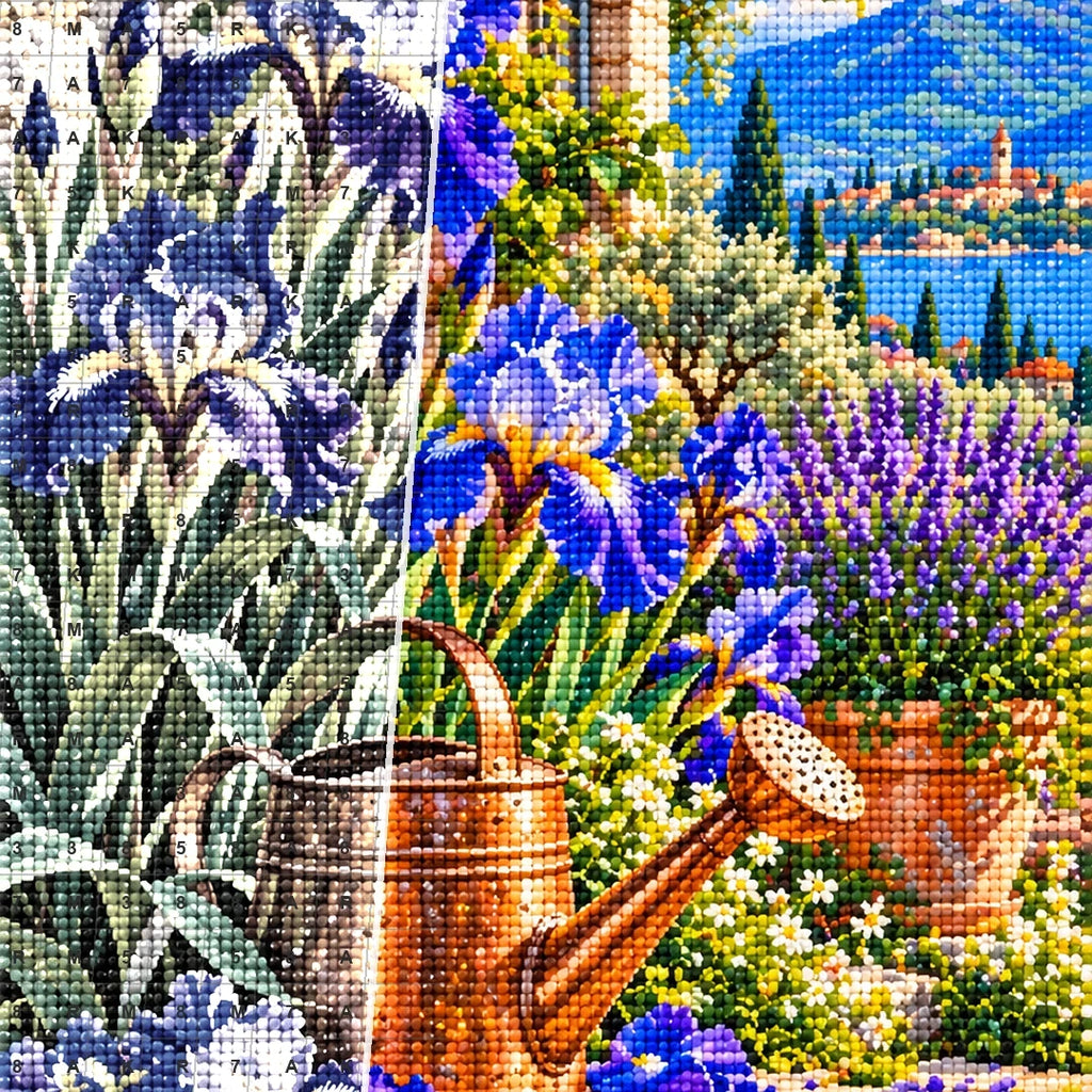 Blue Iris Copper Watering Can — close-up canvas and resin drill detail