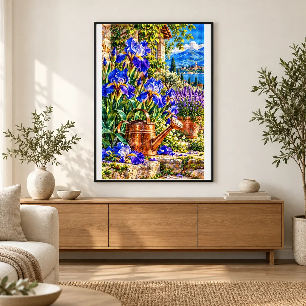 Blue Iris Copper Watering Can — finished diamond painting displayed in a home interior