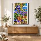 Blue Iris Copper Watering Can — finished diamond painting displayed in a home interior