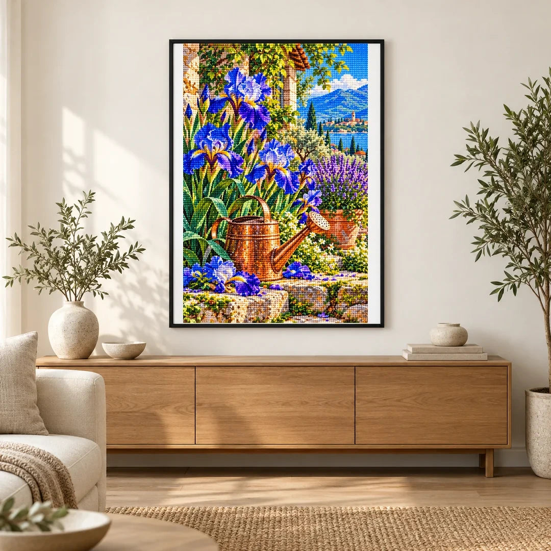 Blue Iris Copper Watering Can — finished diamond painting displayed in a home interior