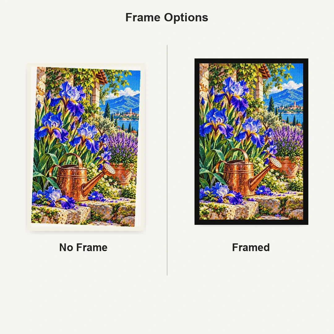 Blue Iris Copper Watering Can — No Frame and Framed style comparison