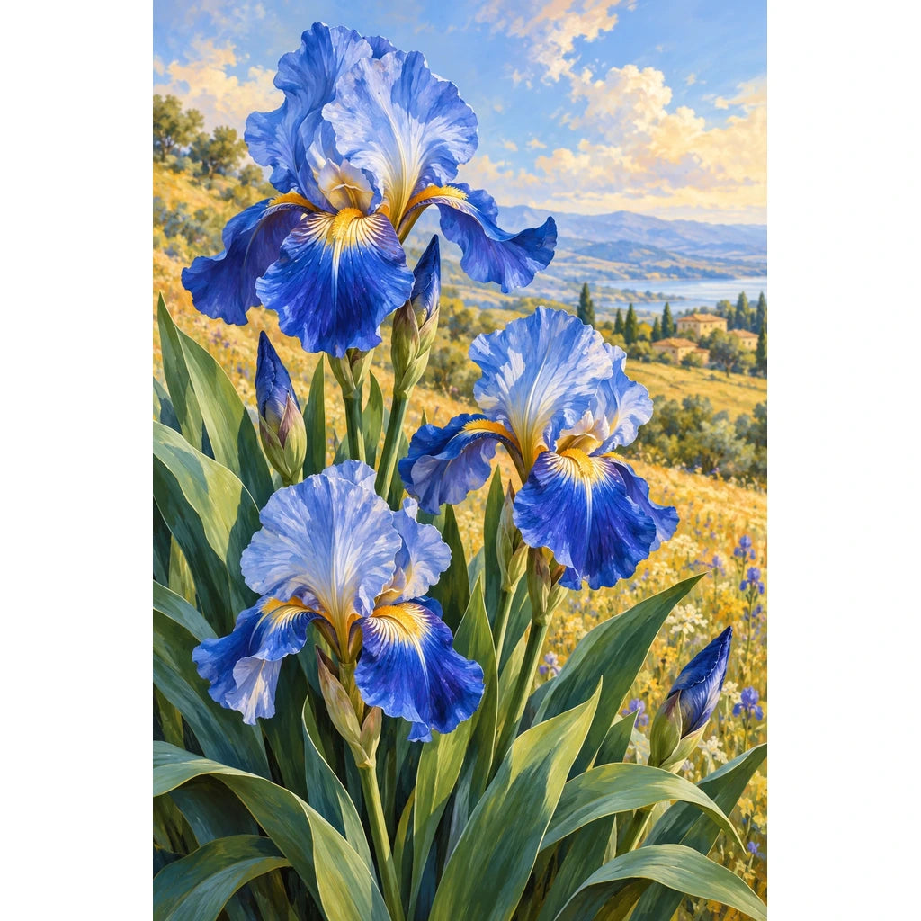 Blue irises among golden field grasses: original artwork on a white background