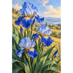 Blue irises among golden field grasses: original artwork on a white background