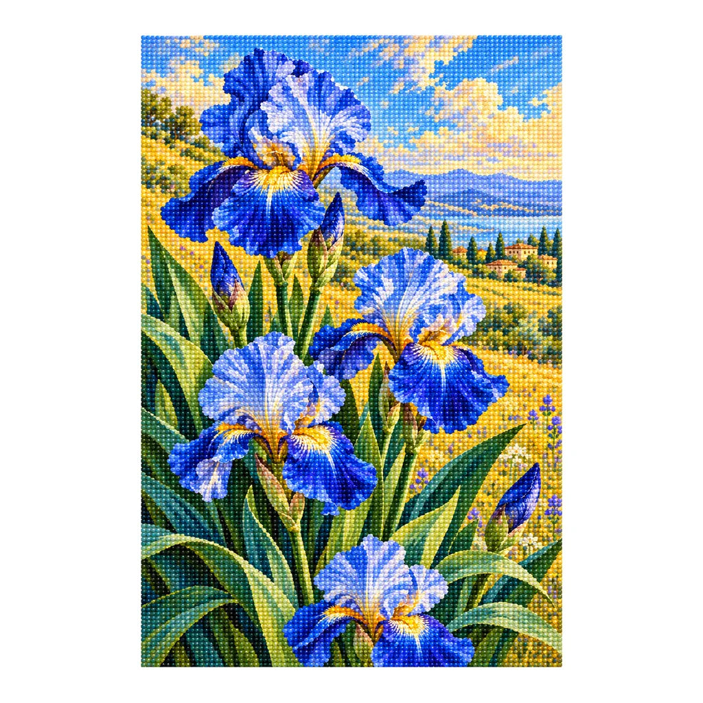 Blue irises among golden field grasses: finished diamond painting on a white background