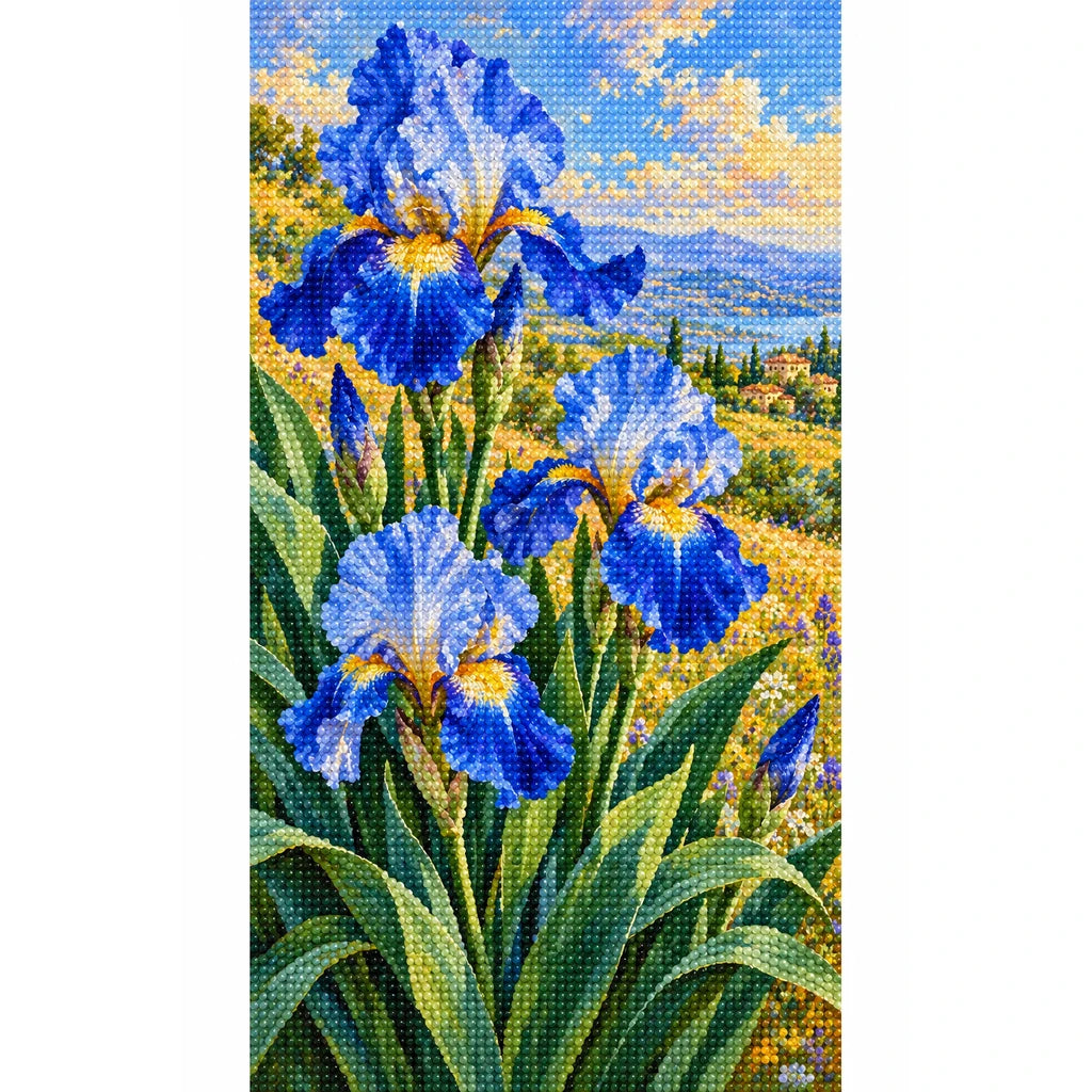 Blue irises among golden field grasses: finished diamond painting on a white background