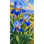 Blue irises among golden field grasses: finished diamond painting on a white background