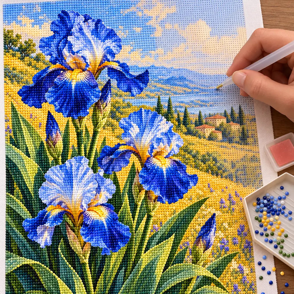 Blue irises among golden field grasses: diamond painting being completed with a pen