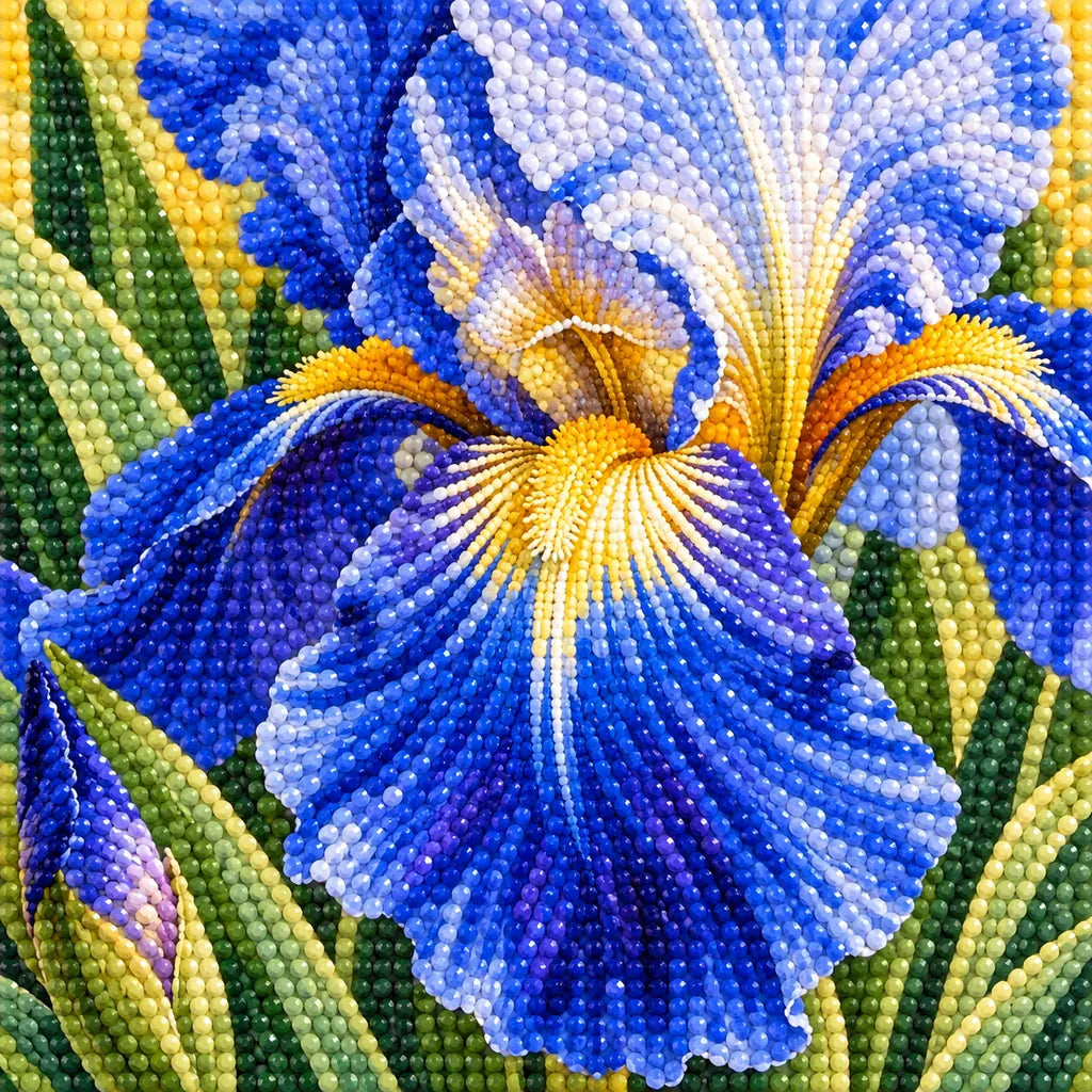 Blue irises among golden field grasses: close-up of diamond drills