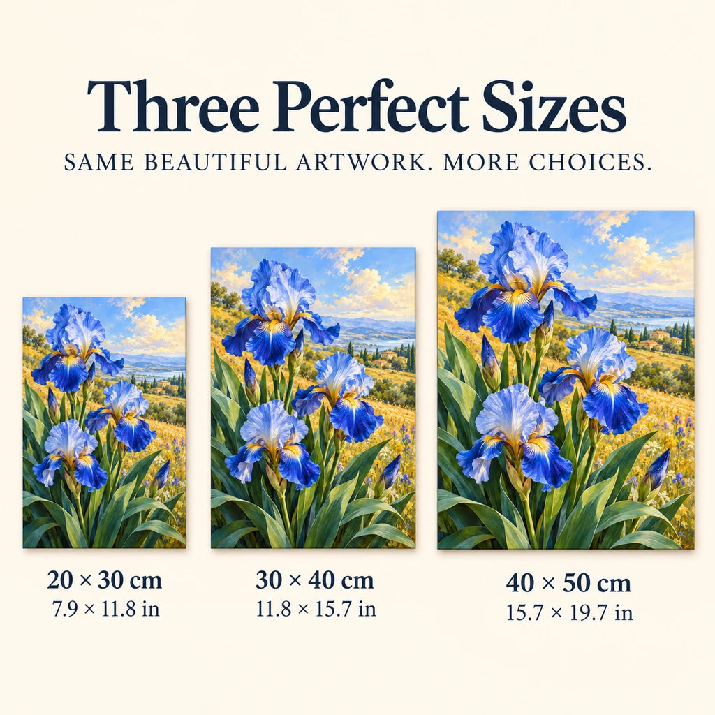 Blue irises among golden field grasses: size guide showing three available dimensions