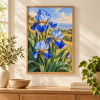 Blue irises among golden field grasses: diamond painting displayed as home wall decor